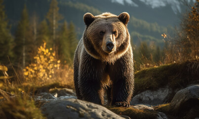 Obraz na płótnie Canvas sunset photo of grizzly bear in its natural habitat. Generative AI
