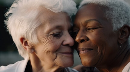 Old women lesbian couple. Black and Caucasian female in love. LGBT pride month celebration generative ai