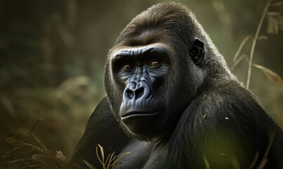 Fototapeta premium close up photo of gorilla in its natural habitat. Generative AI