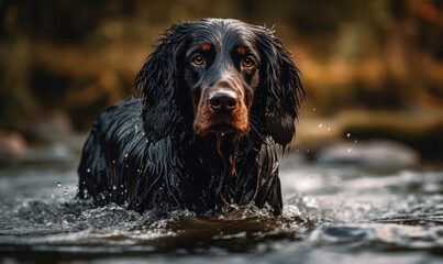Photo of Gordon setter, breathtaking & dynamic portrait, captured in its prime as it races through a shallow, crystal-clear river showcasing its muscular physique, determination & grace. Generative AI