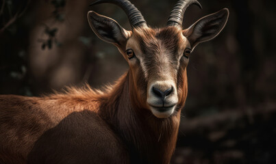 close up photo of goat antelope on blurry background of its natural habitat. Generative AI