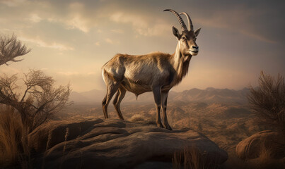 Goat antelope majestically standing atop a rocky outcropping, overlooking sweeping savannah below. portrait captures raw power & grace of this magnificent animal in its natural habitat. Generative AI