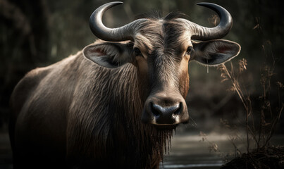 Naklejka premium photo of gnu (Connochaetes) in its natural habitat. Generative AI