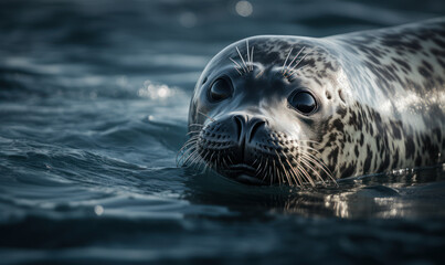 Obraz premium Gray seal floating in the frigid Arctic waters, surrounded by shimmering icebergs & crystal-clear skies. portrait captures essence of gray seal's thick, glistening fur & soulful eyes. Generative AI