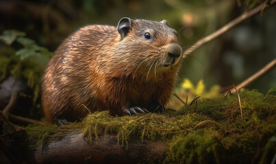 Obraz na płótnie Canvas close up photo of groundhog on blurry natural background. Generative AI