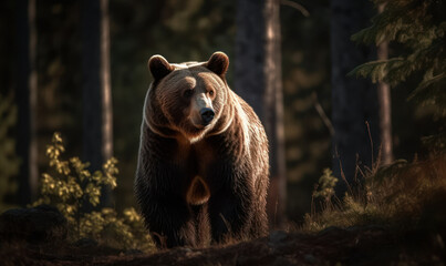 Obraz na płótnie Canvas Photo of grizzly bear, standing tall in a forest clearing. The bear's thick fur and powerful muscles are highlighted showing Majestic Grizzly Bear in the Wild. Generative AI