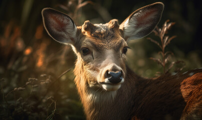sunset close up photo of fallow deer (Dama dama) on blurry forest background. Generative AI