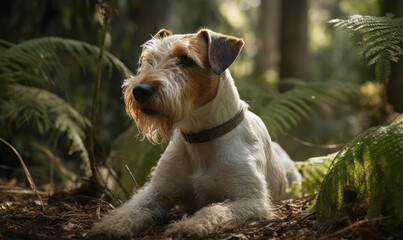 close up photo of fox terrier on blurry forest background. Generative AI