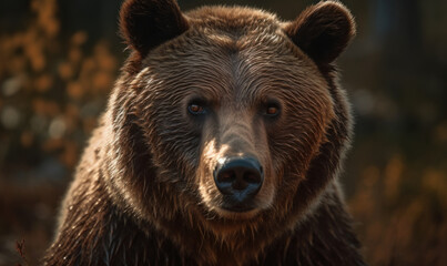Fototapeta na wymiar close up photo of grizzly bear on blurry forest background. Generative AI