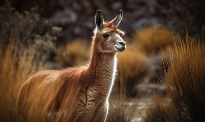 photo of guanaco (Lama guanicoe) in its natural habitat. Generative AI