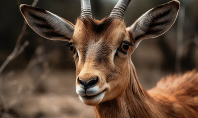 Fototapeta premium close up photo of goat antelope on blurry background of its natural habitat. Generative AI