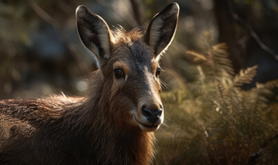 Fototapeta premium sunset close up photo of goral (genus Naemorhedus) in its natural habitat. Generative AI