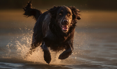 Photo of flat-coated retriever, captured in motion while running on a sunny day at the beach with sun illuminating the dog's wet fur and the surrounding sand. Generative AI
