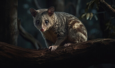 Obraz premium Glider, also called Flying Phalanger, perched on a eucalyptus branch in the Australian bushland, its sharp claws gripping the rough bark. background is a lush green forest. Generative AI