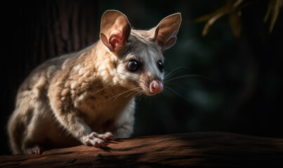 Obraz premium Glider, also called Flying Phalanger, perched on a eucalyptus branch in the Australian bushland, its sharp claws gripping the rough bark. background is a lush green forest. Generative AI