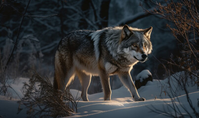 Obraz premium Photo of gray wolf showcasing its wild spirit as it prowls through a snowy forest under soft glow of the moon. lighting highlights wolf's fur & accentuates atmospheric depth of scene. Generative AI