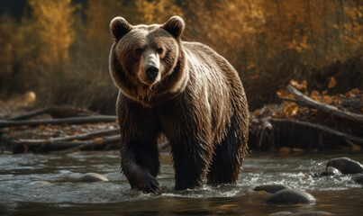 Obraz na płótnie Canvas sunset photo of grizzly bear standing in water with forest background. Generative AI