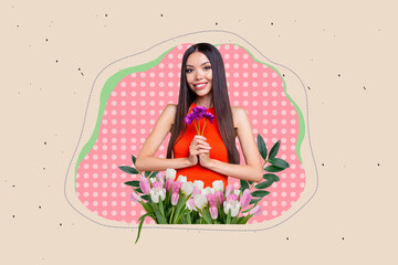 Poster creative banner collage of beautiful charming lady hold purple flowers on tulips vegetation advertise buying gifts for 8 march