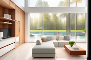 Illustration of modern light apartment with big windows created with Generative AI technology.