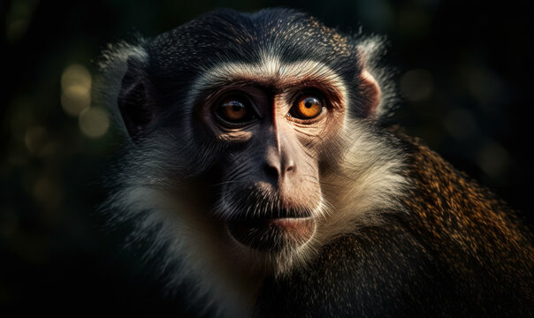 close up photo of guenon primate on blurry bokeh background in its natural habitat. Generative AI