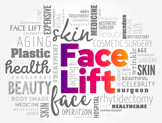 Face Lift - cosmetic surgical procedure to create a younger look in the face, word cloud concept background