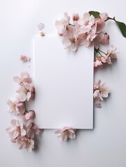 Obraz premium Vertical top view blank card with flowers Abstract organic flowers Blooming floral on white background for invitation card