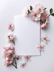 Fototapeta na wymiar Vertical top view blank card with flowers Abstract organic flowers Blooming floral on white background for invitation card