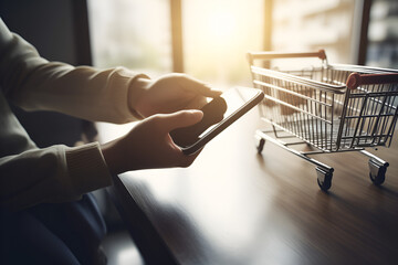 Hand of young business using smart phone with shopping cart icon, Online shopping and e-commerce concept,
