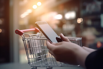 Hand of young business using smart phone with shopping cart icon, Online shopping and e-commerce concept,
