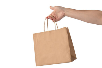 Hand Holding Paper Bag isolated on transparent background.