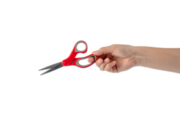Hand holding office stationery scissors cutting on transparent background 