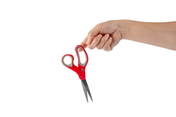 Hand holding office stationery scissors cutting on transparent background 