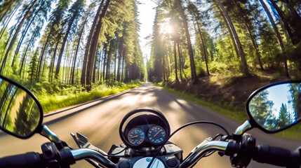 Obraz premium Motorcycle driver's perspective while riding through forest roads, surrounded by nature, motion blur, shallow depth of field, Illustrative Generative AI
