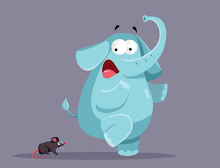 Funny Elephant Being Scared by a Little Mouse Vector Humor Cartoon Illustration. Stressed animal fearing a little rodent screaming in panic
