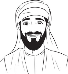 Arabic man head in cartoon style, anime man head, coloring page, vector Illustration, SVG