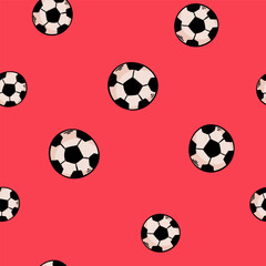 Seamless pattern with soccer balls on a green field. Hand-drawn football balls and soccer striped grass field. Vector illustration for the design of sports posters, banners and design.