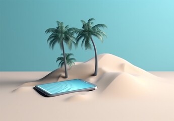 sea holiday mock palm up summer sand phone cyber concept creative. Generative AI.