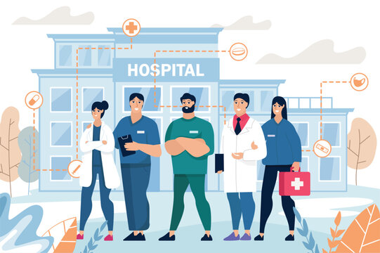 Hospital buildings medicine concept with people scene in the flat cartoon style. Team of doctors and nurses gathered together at the opening of a new hospital. Vector illustration.