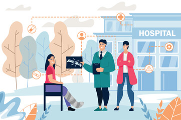 Medicine concept Surgeon's appointment with people scene in the flat cartoon design. Surgeon consult a woman about her broken leg. Vector illustration.