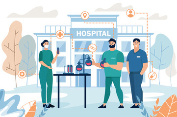 Hospital laboratory medicine concept with people scene in the flat cartoon design. Medical scientists do chemical experiments on the laboratory. Vector illustration.