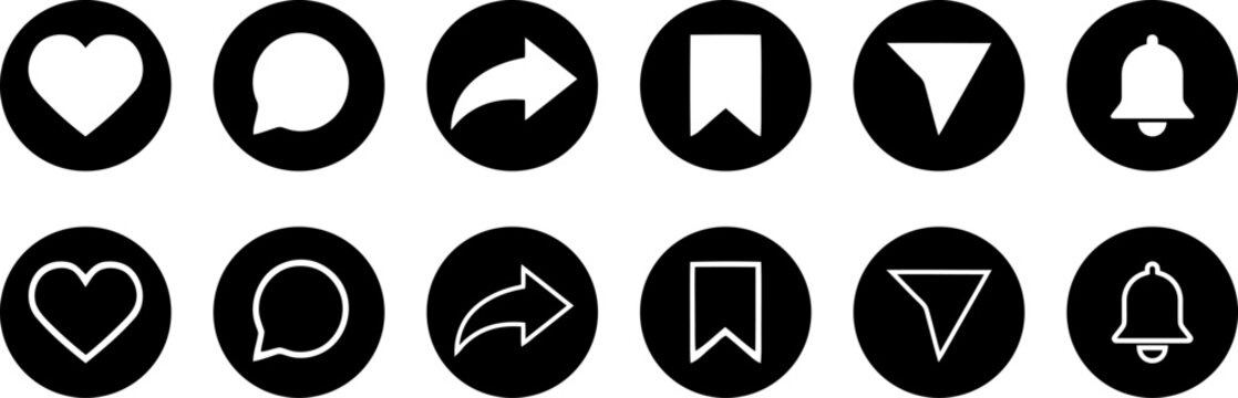 Like, Comment, Share icons. Subscribe, notification bell button black round set