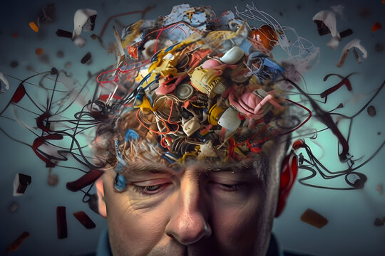 Garbage and rubbish in the head. The concept of disorder is a mess dump in the human mind. Generative AI.