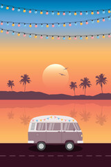 road trip with camper van on tropical sea scape with palm trees