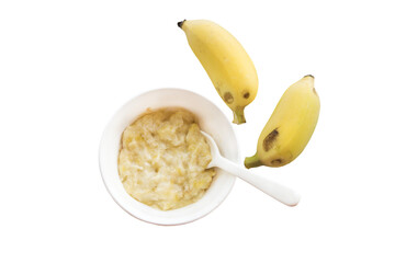 mashed banana healthy foods of baby eats arrangement flat lay style 