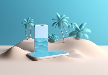 palm holiday sea creative mock cyber summer concept sand phone up. Generative AI.