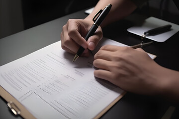 Hand of young man holding a pen pointing to document and mark correct sign for standard quality control certification assurance concept.