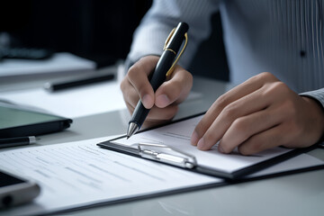 Hand of young man holding a pen pointing to document and mark correct sign for standard quality control certification assurance concept.