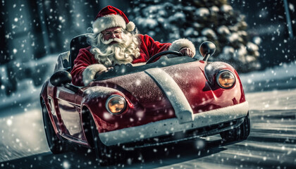 Santa claus driving red sports car on Christmas day's, delivering presents. winter wonderland snowy landscape. Merry Christmas,delivery,transport concept - obrazy, fototapety, plakaty