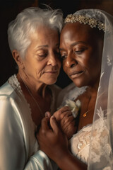 Old women lesbian couple. marrage Black and Caucasian female bride in love. LGBT pride month celebration generative ai