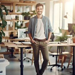 Gl&uuml;cklicher Mitarbeiter steht in einem gem&uuml;tlichen B&uuml;ro Generative KI